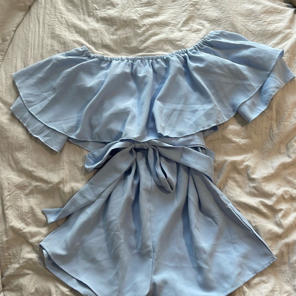 Baby blue belted off the shoulder romper